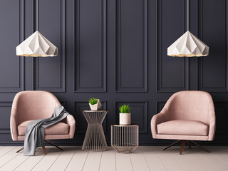 Mock up poster in a classic pastel interior with armchairs, against the background of a dark blue wall. 3D rendering