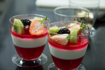   fruit jelly ontop wild strawberries, blackberries kiwi  slice