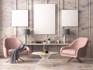 Mock up poster in a classic pastel interior with armchairs, against the background of a dark blue wall. 3D rendering