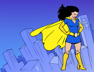 Cartoon colorful illustration of a pretty super lady wearing long cape