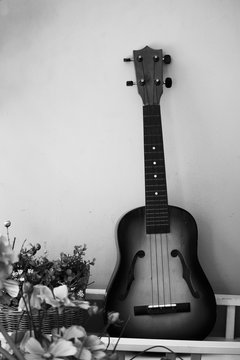 Ukulele in the white and black tone put on chair near wall © Samitanun