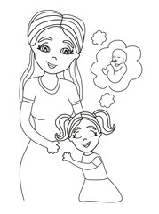 Happy kid girl hugging pregnant mother's belly