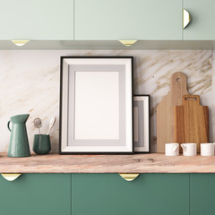 Mock up poster in a frame in the kitchen in a hipster style. 3d rendering.