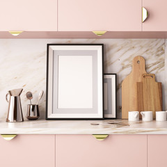 Mock up poster in a frame in the kitchen in a hipster style. 3d rendering.
