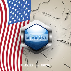 Vector poster of Memorial Day with blue metal label and shadow on the gradient brown background with american flag and a pattern of cracked paint.
