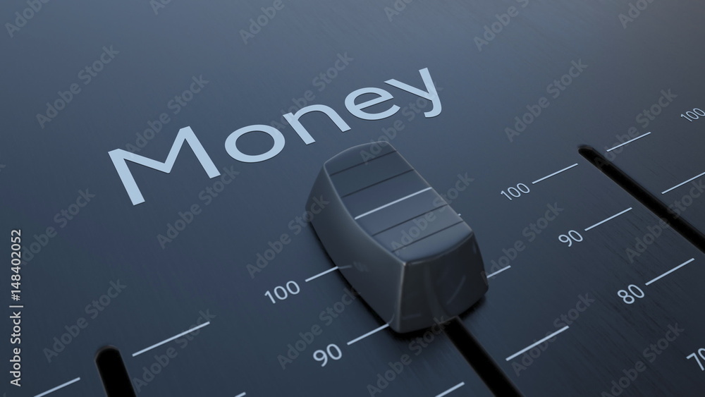 Poster sliding fader with money inscription, macro. conceptual 3d rendering