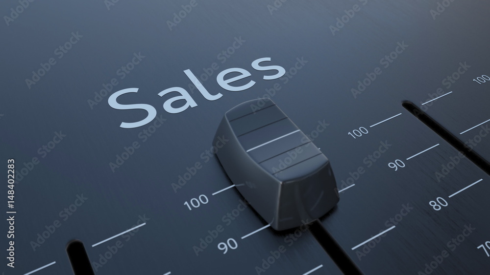 Poster sliding fader with sales inscription, macro. conceptual 3d rendering