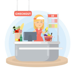 Cashier in supermarket. Checkout with woman in uniform and grocery.