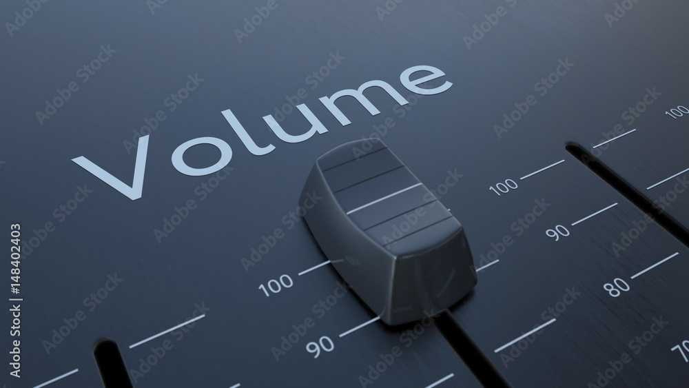 Poster sliding fader with volume inscription, macro. conceptual 3d rendering