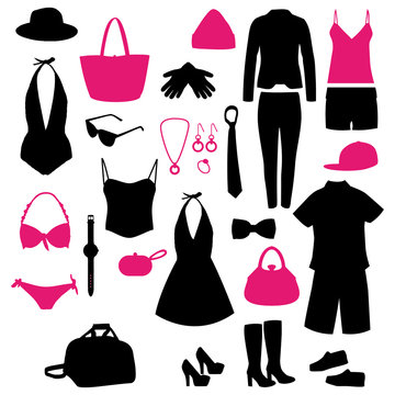 Pink and black fashion clothes silhouettes set.