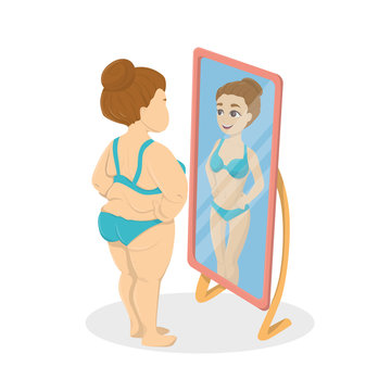 Fat and skinny woman in the mirrors. Concept of anorexia and bulimia.