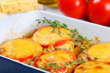 delicious meat chops in gratin dish