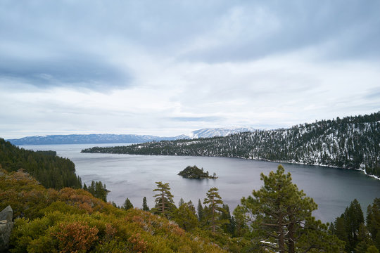 Emerald Bay of Lake Tahoe, USA in spring with mountains covered by snow