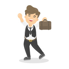 Isolated happy businessman with briefcase on white background.