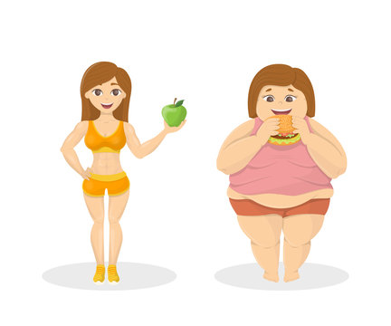 Skinny vs fat. Fit woman with apple and fat woman with fastfood.