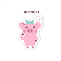 In doubt pig sticker. Isolated cartoon sticker. Funny pig with thoughts bubbles.
