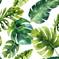 Behang Aquarel bladerprint Naadloze aquarel patroon van tropische bladeren, dichte jungle. Ha
