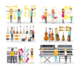 Musical instrument store interior set. Isolated illustrations on wite background.