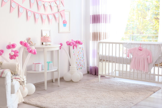 Interior of child's room decorated for birthday celebration