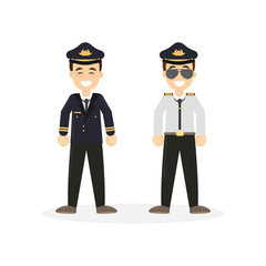 Two isolated pilots on white background. Flying attendants.