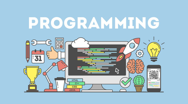 Programming concept illustration. Signs and icons on blue background.