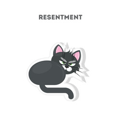 Angry cat sticker. Isolated cute sticker on white background. Resentment.