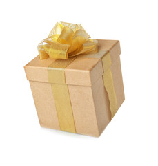Beautiful gift box with golden ribbon on white background