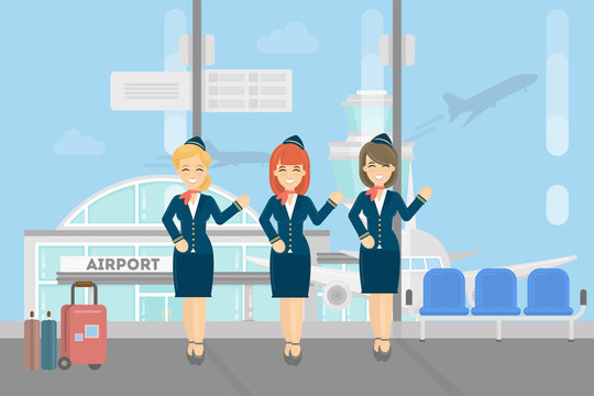 Stewardesses crew in airport. Flying attendant crew.