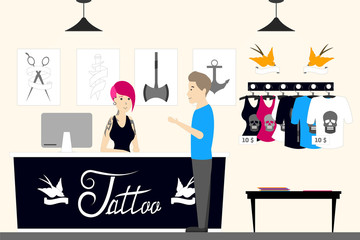 Tattoo salon reception. Visitors with tattoo masters.
