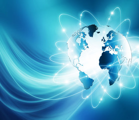 Obraz premium Best Internet Concept of global business. Globe, glowing lines on technological background. Wi-Fi, rays, symbols Internet, 3D illustration