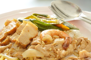 spicy stir fried shrimp and pork with sweet long chili on rice