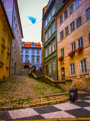 Fototapeta na wymiar Multi Colored street and houses in Prague