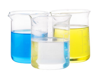 yellow, blue and transparent chemical liquid