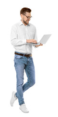 Handsome young man with laptop on white background