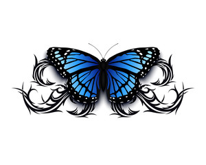 Realistic butterfly icon on top of abstract tribal.
