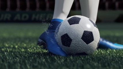 detail soccer player kicking ball on field 3d illustration