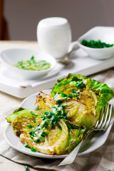 Baked cabbage with onion mustard sauce