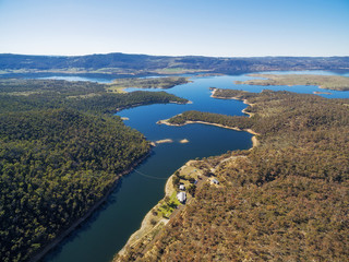 Aerial view of Snowy River flowing into Lake Jindabyne, New South Wales, Australia