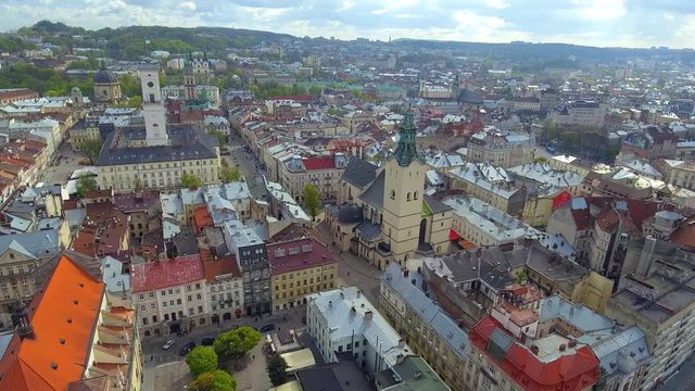 Aerial view of central hall and tower of Lvov, Lviv, Ukraine