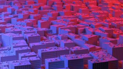 City sacpe in red and blue highlights. 3d rendering