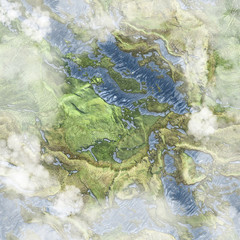 Aerial view from air plane of mountains with rivers or lakes texture background. And frame made of clouds around it. 3d illustration