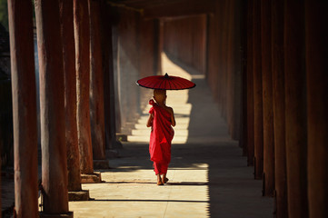 Novice monks in the plain of Bagan on during sunrise,Myanmar ancient,Myanmar religion,