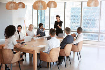Businesswoman Stands To Address Meeting Around Board Table
