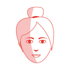 red silhouette shading cartoon front face asian woman with collected hair vector illustration