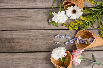 Top view of beautiful flowers and petals in wafer cones on wooden background