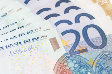 Twenty Euro (20) banknote in a macro shot. Selective focus