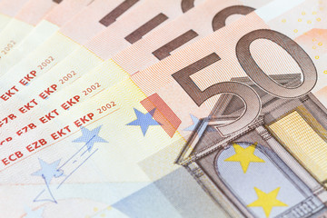 Fifty Euro (50) banknote in a macro shot. Selective focus