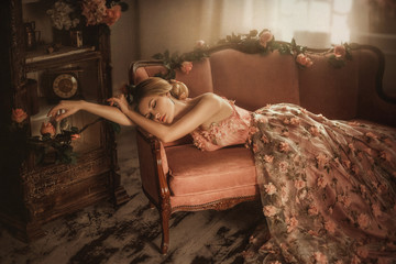 Tale of Sleeping Beauty. The girl is in the old, abandoned room. It covered the dust and roses....