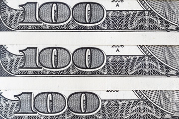 Macro close up of the part of US 100 dollar bill.