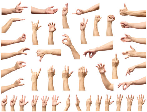 Multiple male caucasian hand gestures isolated over the white background